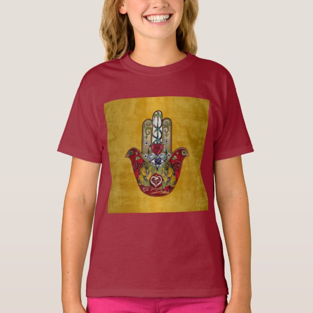 Camiseta Ruby Pomegranate Heart Red Bird Hamsa (Anverso)