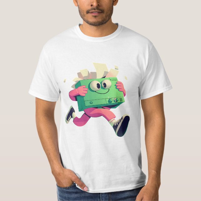 Camiseta Running Printer with Flying Papers – Tech Humor (Anverso)