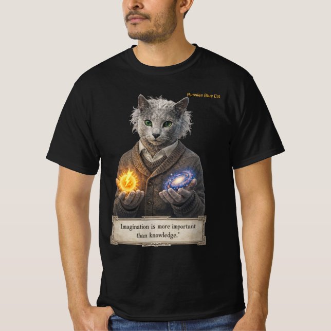 Camiseta Russian Blue Einstein Cat - Imagination (Anverso)