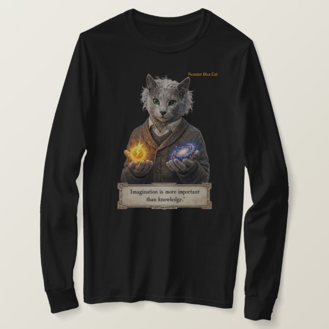 Camiseta Russian Blue Einstein Cat - Imagination (Anverso del diseño)