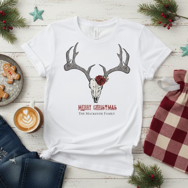 Camiseta Rústica cabeza de ciervo de reno enredadera (Country Christmas Womens T-Shirt. Rustic Merry Christmas Floral Reindeer Skull Antlers Illustration)