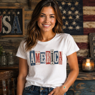 Camiseta Rústico Bloque de Madera Vintage AMÉRICA Patriótic