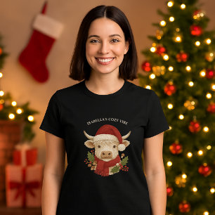 Camiseta Rústico cottagecore Highland Cow Santa Hat negro