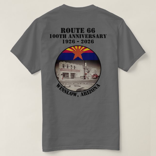 Camiseta Ruta 66 100º aniversario Winslow Arizona de vuelta (Reverso del diseño)