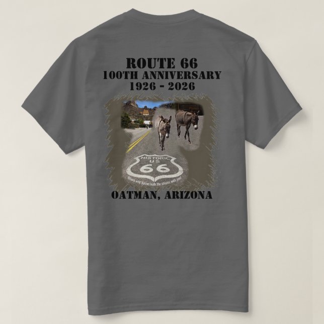 Camiseta Ruta 66 100 Aniversario Oatman Arizona de vuelta (Reverso del diseño)