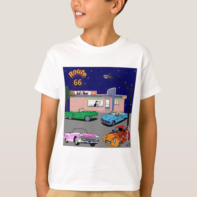 Camiseta ruta 66 del comensal de los años 50 y coches del (Anverso)
