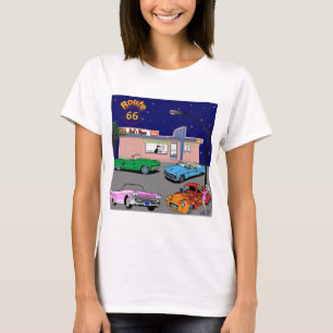 Camiseta ruta 66 del comensal de los años 50 y coches del