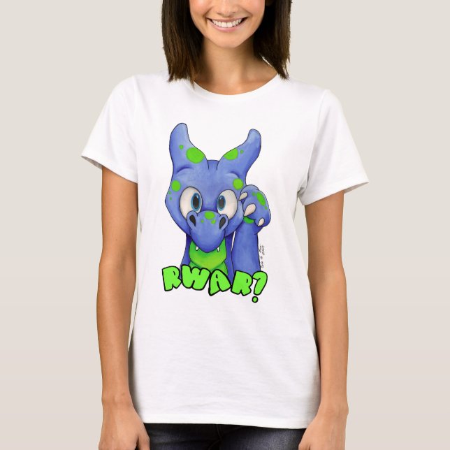 Camiseta ¿RWAR? (Azul) dragón lindo del bebé que ruge (Anverso)
