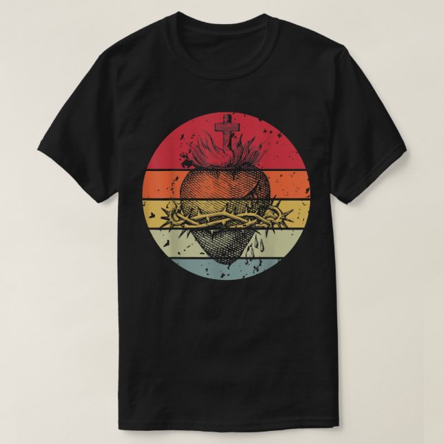 Camiseta Sacred Heart of Jesus Christ Retro Sunset Art Cath (Diseño del anverso)