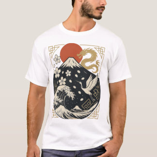 Camiseta 【Sacred Japan – Mount Fuji Dragon & Crane T-Shirt】