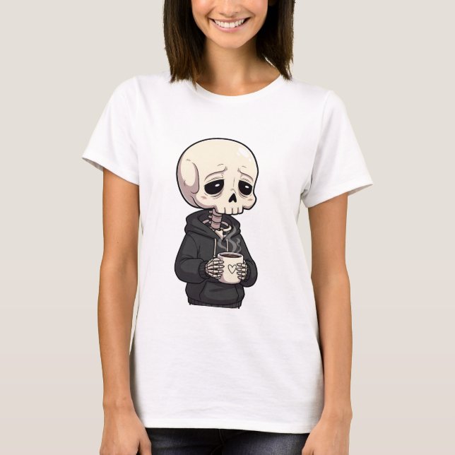 Camiseta Sad Skeleton Wearing Hoodie Drinking Hot Coffee (Anverso)