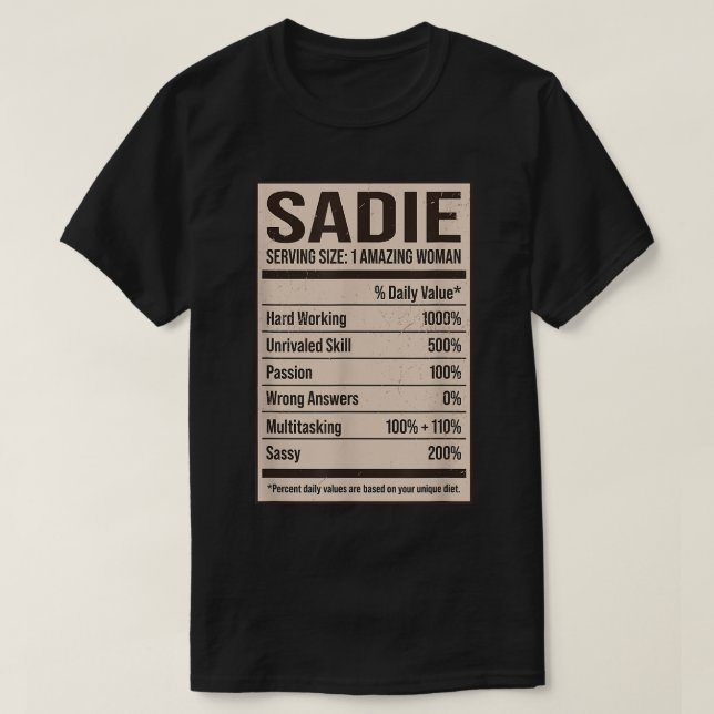 Camiseta Sadie Nutrición Hechos Nombre Apodo Título Fr (Diseño del anverso)