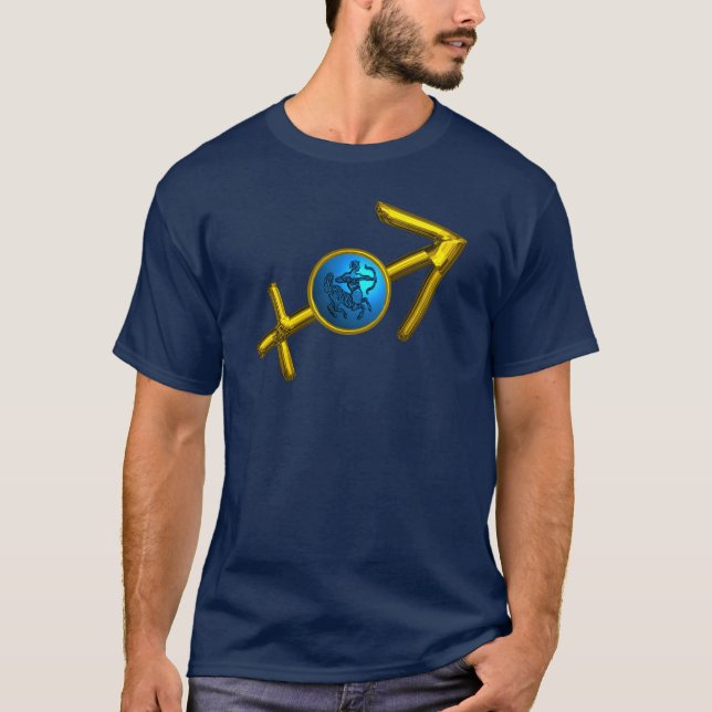 CAMISETA SAGITTARIO, RÓTULO DE CUMPLEAÑOS DE ZODIO AZUL ORO (Anverso)