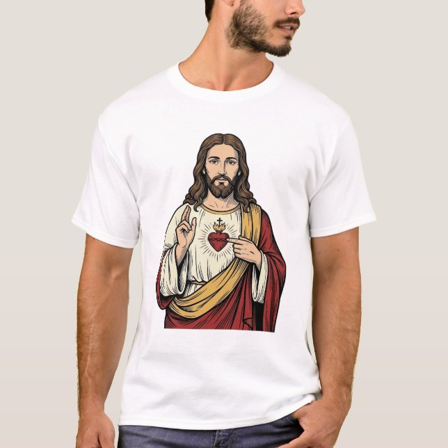 Camiseta Sagrado Corazón Jesús Grabado Antiguo Arte Vectori (Anverso)