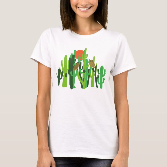 Camiseta Saguaros Cactus Forest Desert Owls Sunset (Anverso)