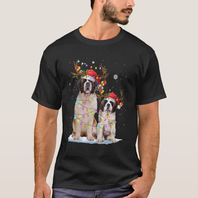 Camiseta Saint Bernard Reindeer Santa Hat Xmas Lights Chris (Anverso)