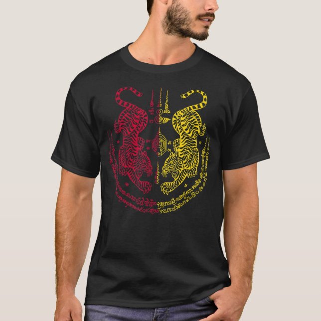 Camiseta Sak Yant Tattoo tailandés gemelo tigre gemelo mala (Anverso)