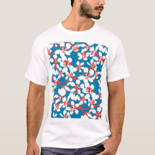 Camiseta Sakura blanca, patrón de fondo azul clásico.