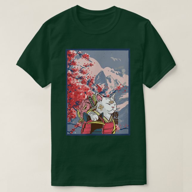 Camiseta Sakura Samurai Cat Mountain Aesthetic Anime Japane (Diseño del anverso)