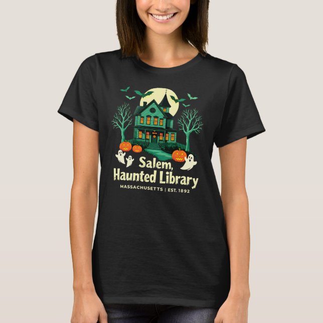 Camiseta Salem, Biblioteca De Hunted, Massachusetts, Est. 1 (Anverso)