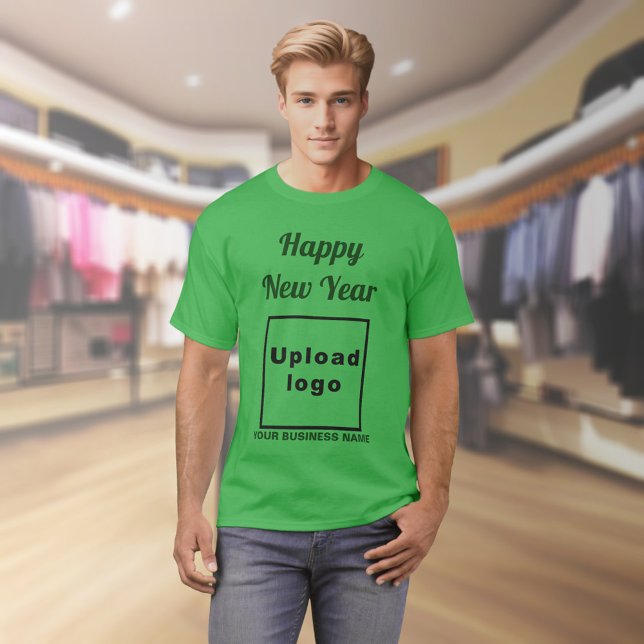 Camiseta Saludo de año nuevo de negocios en Shamrock Green (Business name and logo with New Year greeting on shamrock green t-shirt)