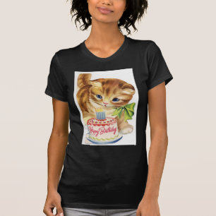 Camiseta Saludo retro de la torta de cumpleaños del gatito