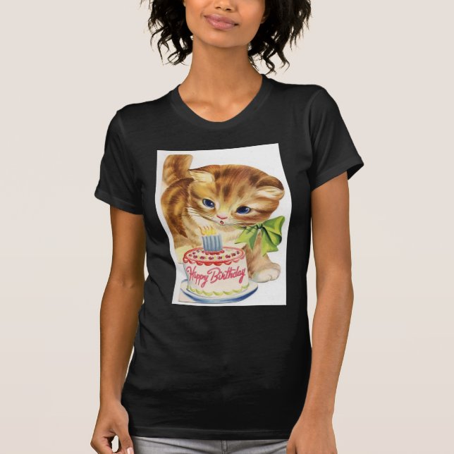 Camiseta Saludo retro de la torta de cumpleaños del gatito (Anverso)