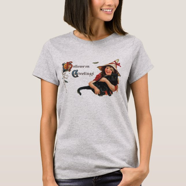 Camiseta Saludos de Halloween de época, bruja infantil con  (Anverso)