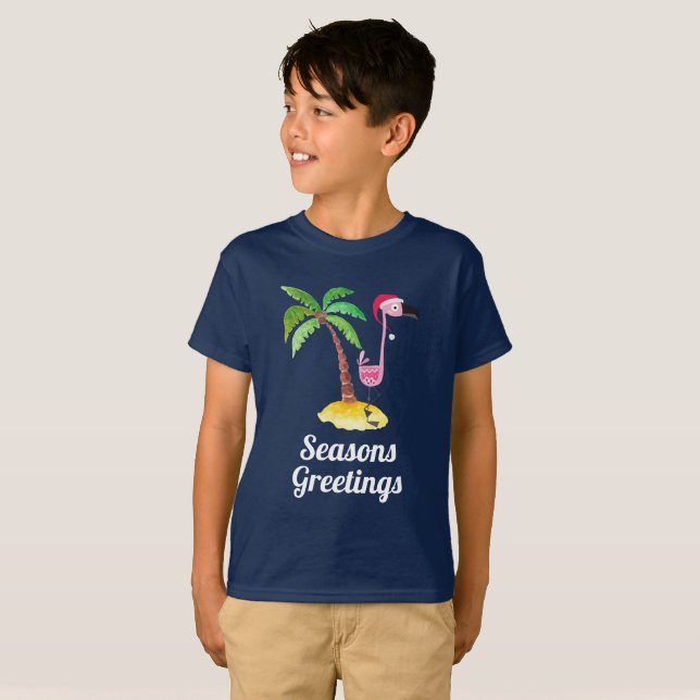 Camiseta Saludos de temporada Flamingo rosa en Santa Hat (Anverso completo)