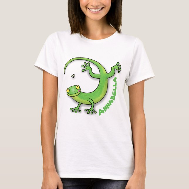 Camiseta Saludos felices de gecko verde lindo con personali (Anverso)