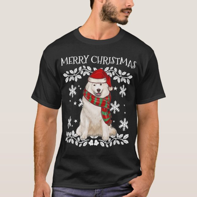 Camiseta Samoyed con Navidades feos de Santa Hat (Anverso)