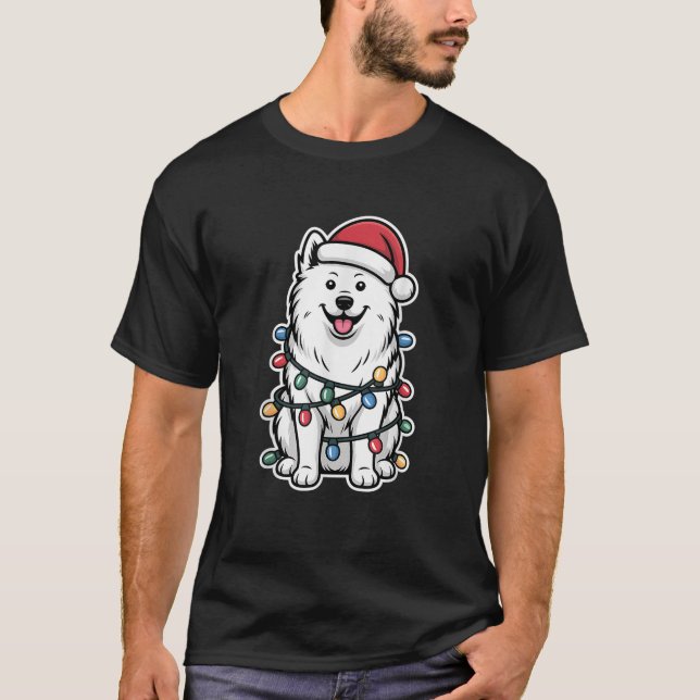 Camiseta Samoyed envuelto en luces de Navidad (Anverso)