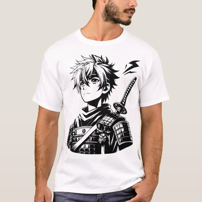 Camiseta Samurai Anime Warrior - Negrita Illus Negra y Blan (Anverso)