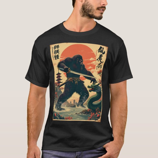 Camiseta Samurai Bigfoot vs. Dragon - arte mítico Showdown (Anverso)