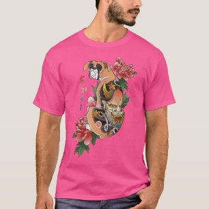 Camiseta Samurai Boxer Dog Ukiyo E Flores Guerrero Japonés