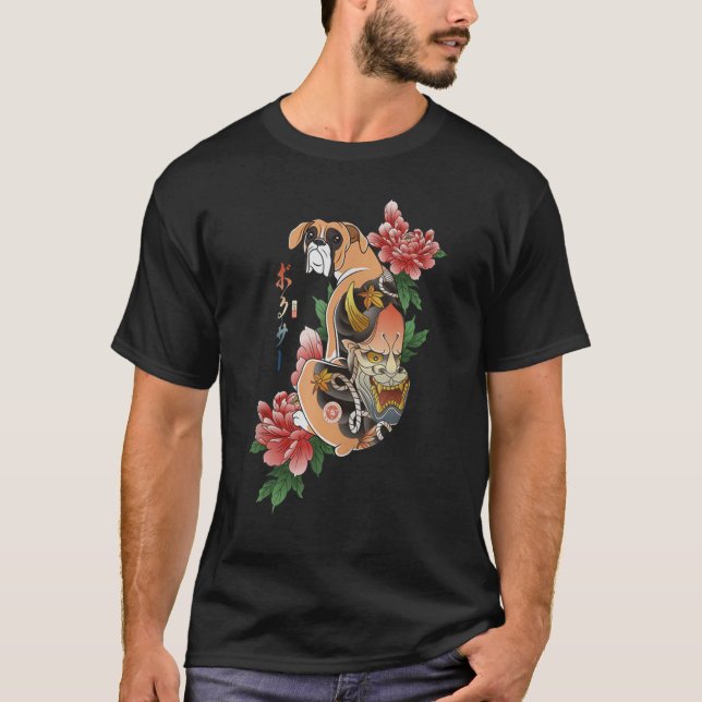 Camiseta Samurai Boxer Dog Ukiyo E Flores Guerrero Japonés (Anverso)