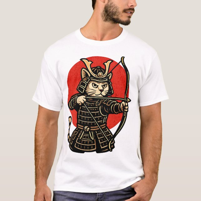 Camiseta Samurai Cat Archer, Japanese Warrior Neko  (Anverso)