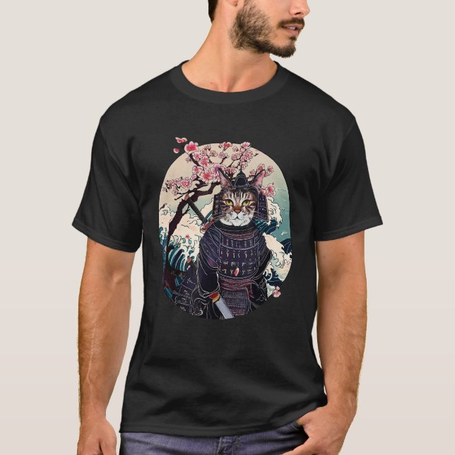 Camiseta Samurai Cat Art Retro estilo japonés Cherry Blosso (Anverso)