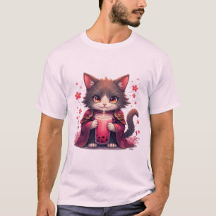 Camiseta Samurai Cat Boba Tea sakura Anime Japonés burbuja