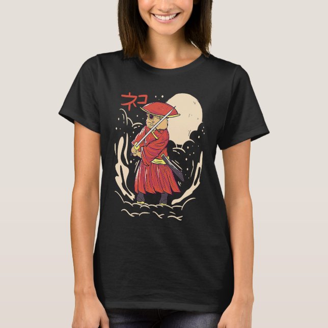 Camiseta Samurai Cat Illustration  Japanese Cute Graphic (Anverso)