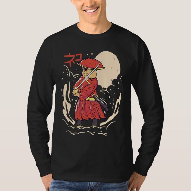 Camiseta Samurai Cat Illustration  Japanese Cute Graphic (Anverso)