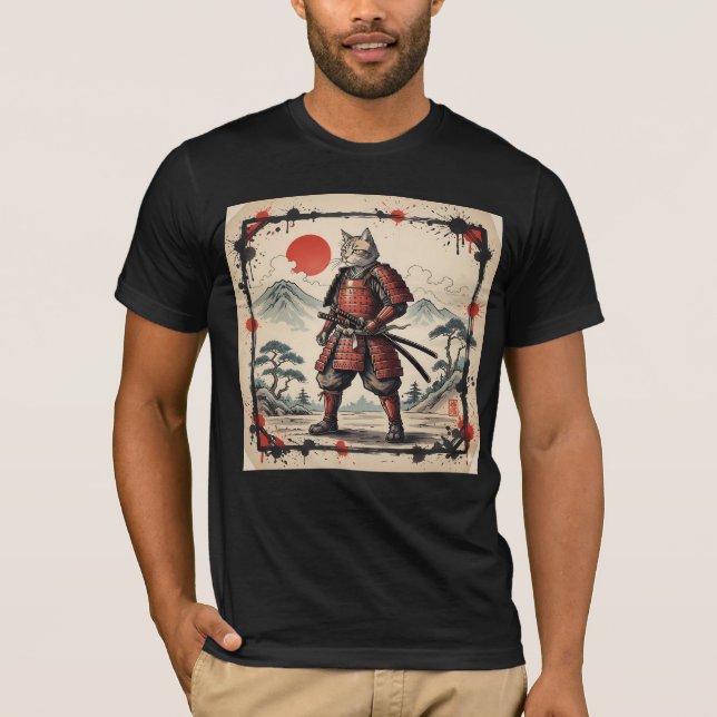 Camiseta Samurai Cat Illustration T-Shirt | Japanese Sunset (Anverso)