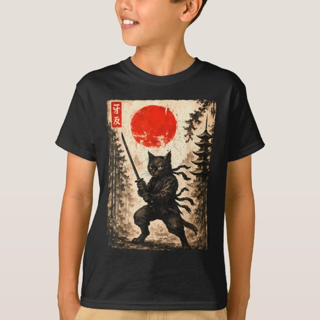 Camiseta Samurai Cat Japanese Mens Boys Kids Graphic Anime  (Anverso)