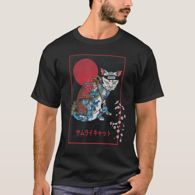 Camiseta Samurai Cat Master Irezumi Ninja Japanese Koi Tatt (Anverso)