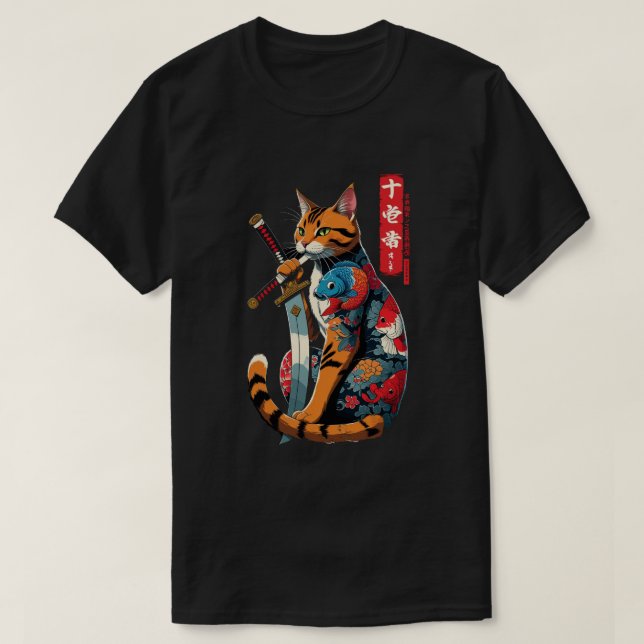 Camiseta Samurai Cat Warrior – Epic Japanese Tattoo Style  (Diseño del anverso)