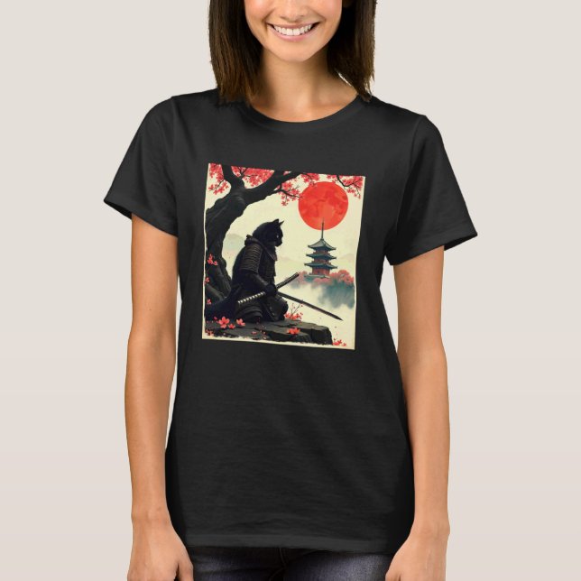 Camiseta Samurái de gato flor japonesa arte samurái gato at (Anverso)
