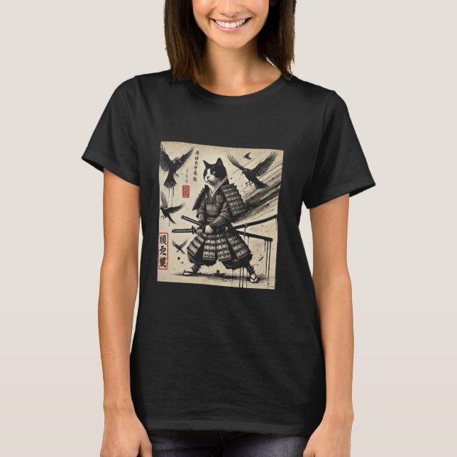 Camiseta Samurai Feline Ink Art Diseño estético japonés (Anverso)