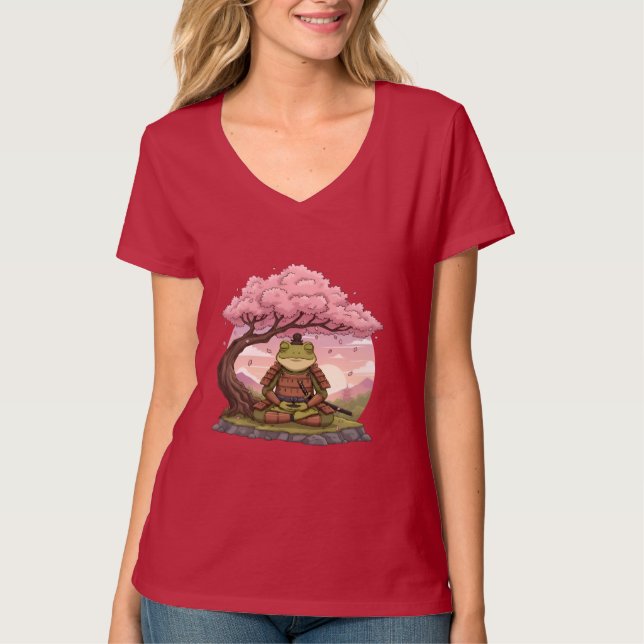 Camiseta Samurai Frog Meditating Cute Funny Womens Red (Anverso)