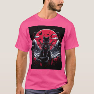 Camiseta Samurai Gato Negro En La Montaña Con Luna Roja San