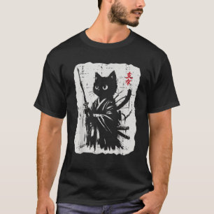 Camiseta Samurái Gato Negro Katana Japonesa Arte Kimono Muj